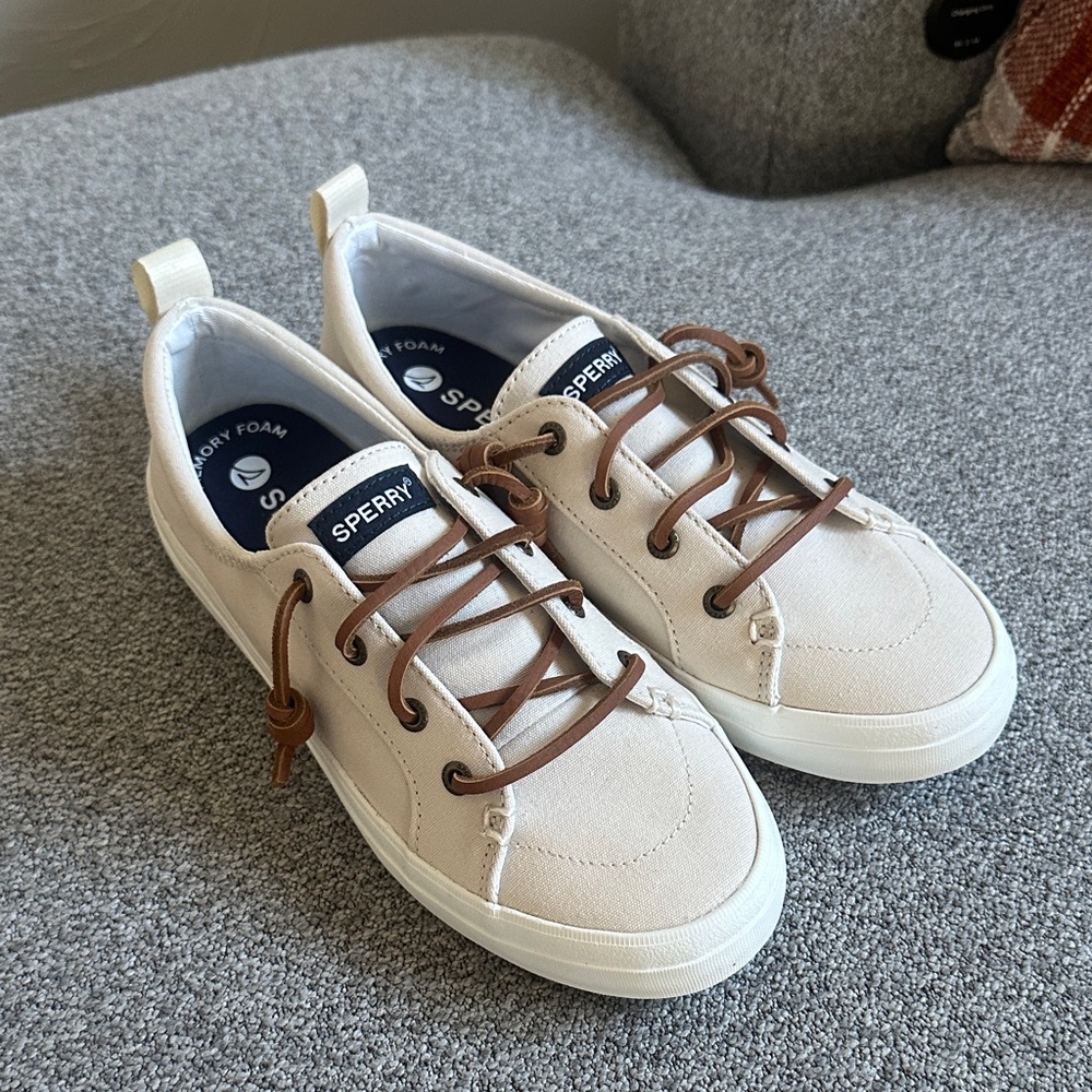 Sperry Off-White Canvas Sneakers with Brown Laces
